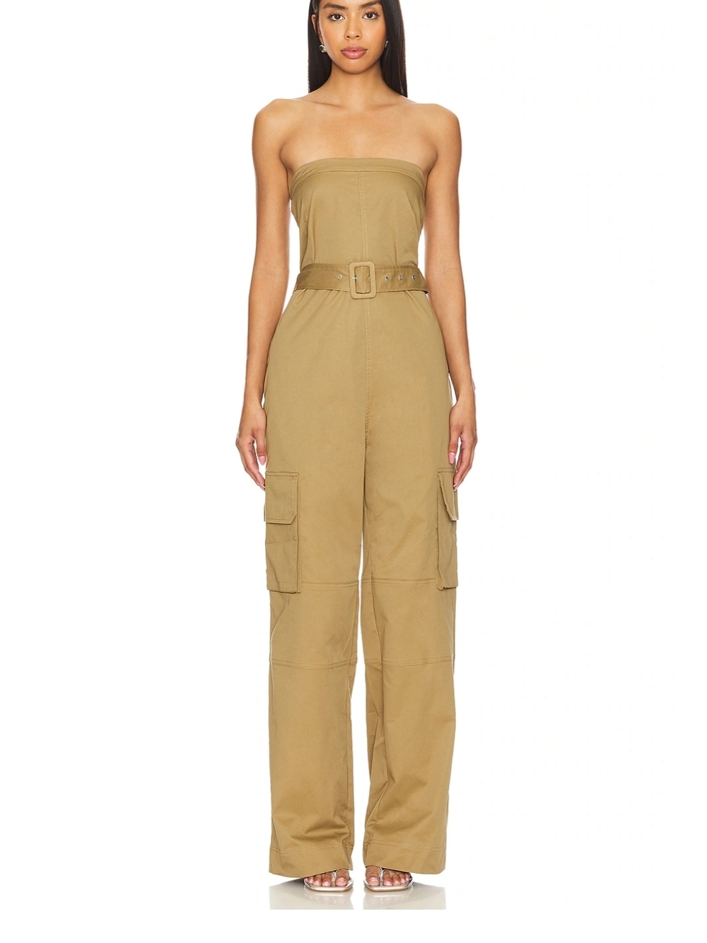 Lovers + Friends Sydney Khaki Strapless Cargo Jumpsuit with Belt